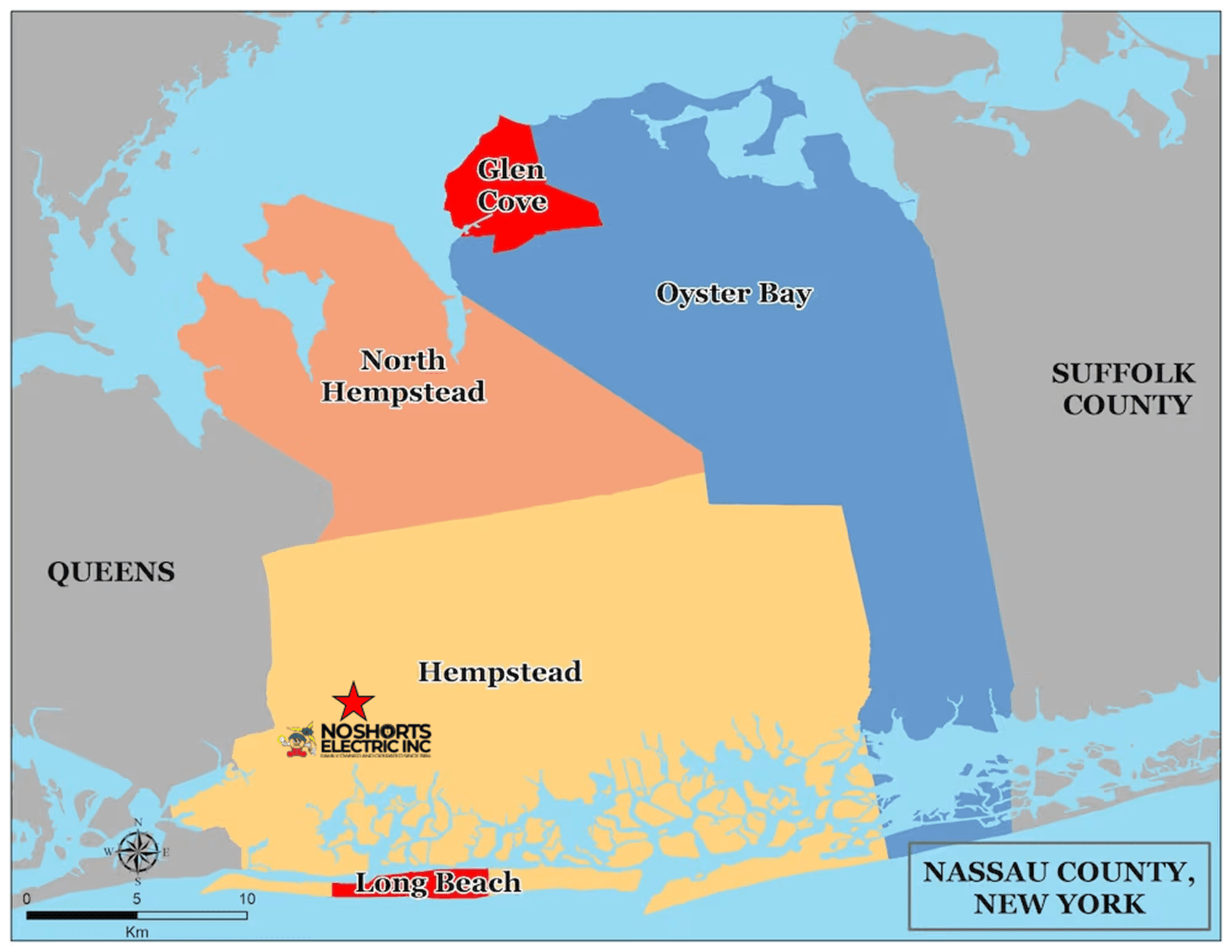 Map of Nassau County, NY showing the three towns — Hempstead, North Hempstead, and Oyster Bay — plus Glen Cove and Long Beach, all served by No Shorts Electric